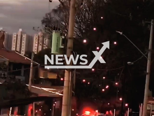 A man suffers electric shocks and falls from a pole in Hortolandia, Sao Paulo, Brazil, on May 06, 2025. The man was taken to hospital. Note: Photo is a screenshot from a video. (Newsflash/NX)