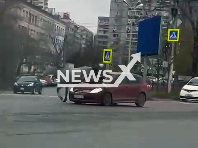 This image is a screen grab of the video supplied titled NewsX-RunawayHorse-01.mp4: Footage shows a runaway horse leaping onto the hood of a moving car in Khabarovsk, Russia on Monday, May 5, 2025.(Clipzilla/NX)