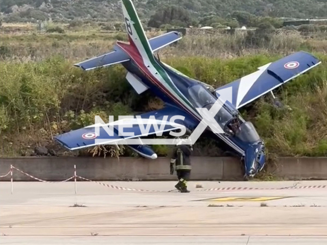 Picture shows a plane that went off the runway, undated. Three planes collided during an air show in Pantelleria, Italy, on May 6, 2025. Note: Picture is a screenshot from video. (Newsflash/NX)