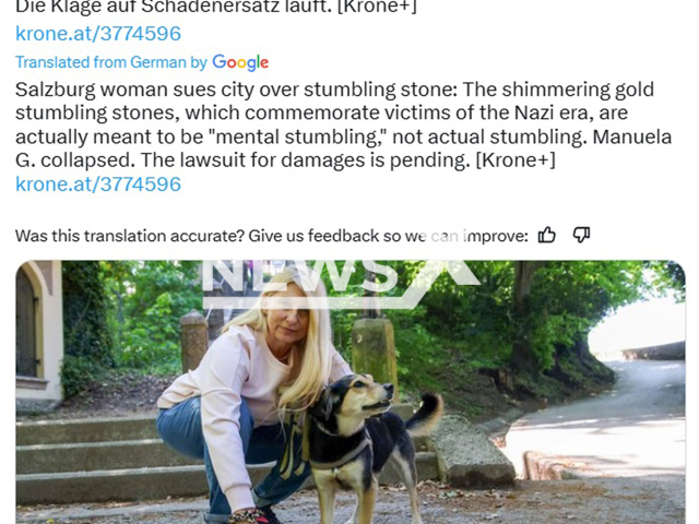 Picture shows Manuela G. at the scene of the accident with her dog in Salzburg, Austria, undated. She twisted her ankle last September. Note: Image is a screenshot from an X post. (Newsflash/NX)