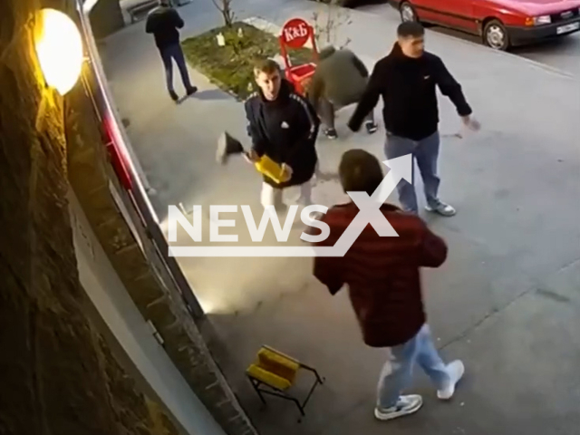 This image is a screen grab of the video supplied titled NewsX-ProstheticLeg-01.mp4: CCTV footage shows a one-legged man who stole beer from a liquor store beating the store employee using his prosthetic leg in Murino, Leningrad Oblast, Russia on Monday, May 5, 2025.(Clipzilla/NX)