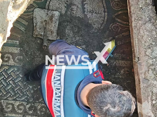 Picture shows the mosaic in the Zile district, Turkey, undated. It was seized from an illegal excavation during an operation on May 6, 2025. Note: Private photo taken from local media. (Newsflash/NX)