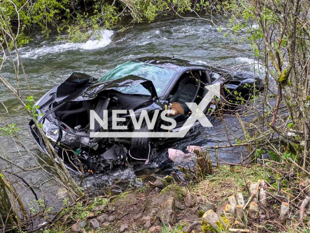 Picture shows the crashed Ferrari, undated. A British couple died after their car fell into river in Boca de Huergano, Spain, on May 10, 2025. Note: Licensed photo.(@diputacionleon/Newsflash/NX)