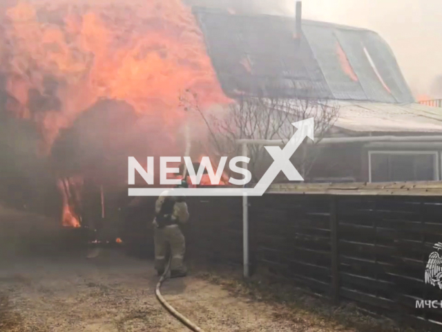 This image is a screen grab of the video supplied titled NewsX-ForestFire-01.mp4: Firefighters battling forest fires threaten settlements in the Trans-Baikal Territory, Russia on Friday, May 9, 2025.(Clipzilla/NX)