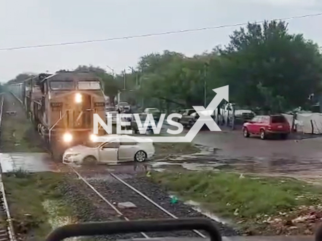 Train hits car stranded on tracks due to mechanical failure in Piedras Negras, Coahuila in Mexico, May 8, 2025. No injuries were reported. Note: Photo is a screenshot from a video. (Newsflash/NX)