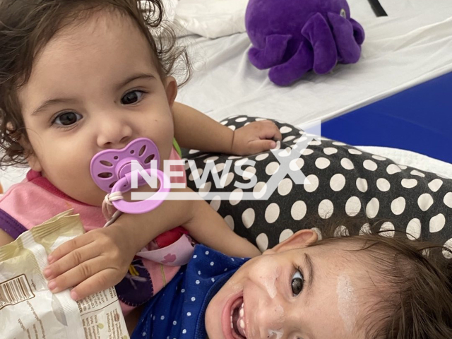 Picture shows Siamese twins Kiraz and Aruna, aged 1 year and 6 months, undated. They underwent surgery in Goiania, Brazil on May 10, 2025. Note: Private photo taken from social media. (@kirazaruna/Newsflash/NX)