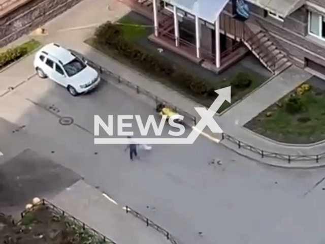 This image is a screen grab of the video supplied titled NewsX-NeckLeash-01.mp4: Footage shows a young child swinging a dog by its neck leash in a residential complex in St. Petersburg, Russia, undated. Footage shared on Vkontakte on Sunday, May 11, 2025.