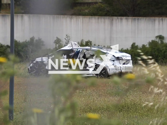 Picture shows the car in which four young people died in Tavira, Portugal, undated. Three of the victims were minors in the accident that occurred on May 10, 2025. Note: Image is a screenshot from video. (Newsflash/NX)