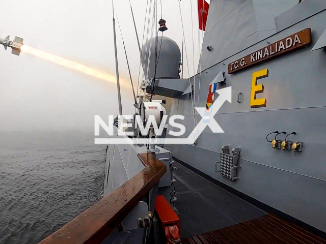 This image is a screen grab of the video supplied titled NewsX-MissileDest-01.mp4: ATMACA guided missile destroys target at sea in Turkey, undated. Footage shared by the Turkey Ministry of National Defence on Saturday, May 10, 2025.(Clipzilla/NX)