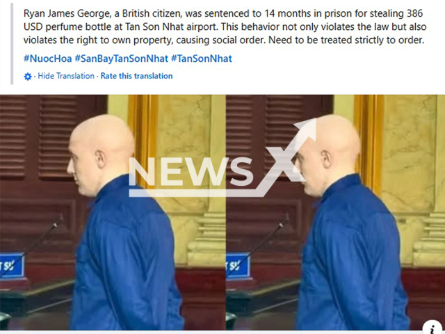 Picture shows defendant Ryan James George in court, undated. He was sentenced to prison on May 13, 2025 for stealing a bottle of perfume at Tan Son Nhat airport in Vietnam. Note: Image is a screenshot from post. (Newsflash/NX)