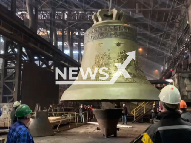 Picture shows The Vox Patris, considered the largest bell in the world, undated. It arrived at the Port of Santos, Brazil, May 17, 2025. Note: Image is a screenshot from video. (Newsflash/NX)