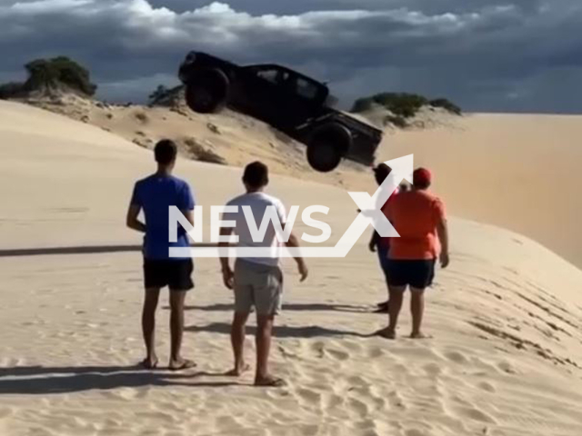 Car flies over dune on Canoa Quebrada beach, in the Ceara municipality of Aracati in Brazil, May 17, 2025. The driver was fined and had his license suspended. Note: Photo is a screenshot from a video(Newsflash/NX)