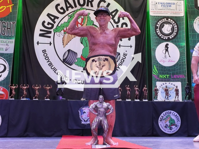 Andrew Bostinto, 100, poses at the NGA Gator Classic in Deltona, FL on May 10, 2025. Arnold Schwarzenegger and Andrew Bostinto have a decades-long friendship. Note: Image is a screenshot from video. (Newsflash/NX)