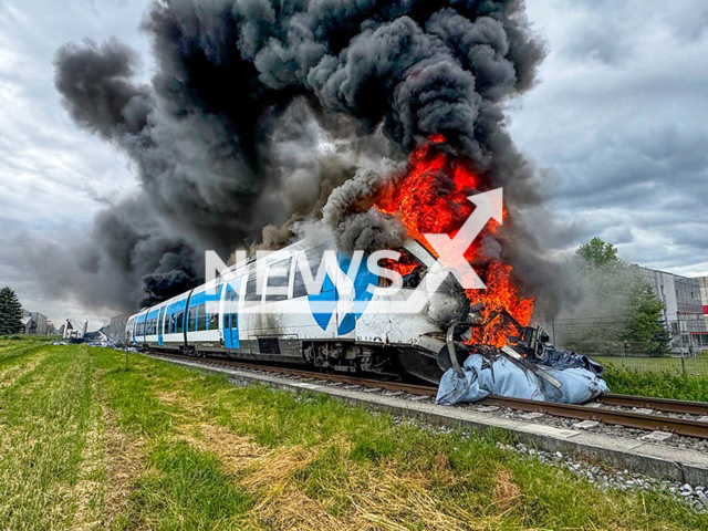 Picture shows the scene of the accident where truck collided with train in St. Ruprecht an der Raab, Austria, May 26, 2025. Note: Permission obtained for photo from BFV Weiz. (BFV Weiz/Newsflash/NX)