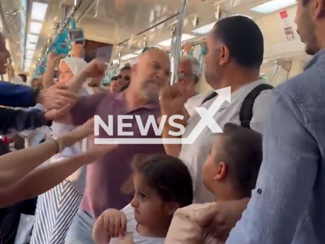 This image is a screen grab of the video supplied titled NewsX-DisputePunch-01.mp4: A passenger punches a dad with kids in the head, breaking his nose over a space dispute on a train in Sureyyapasa Station, Maltepe, Istanbul province, Turkey on Friday, May 30, 2025.(Clipzilla/NX)