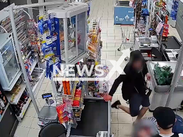 This image is a screen grab of the video supplied titled NewsX-BeatPensioner-01.mp4: CCTV shows three young men brutally beating a pensioner in a store in Volzhsky, Russia, on Tuesday, May 27, 2025.(Clipzilla/NX)
