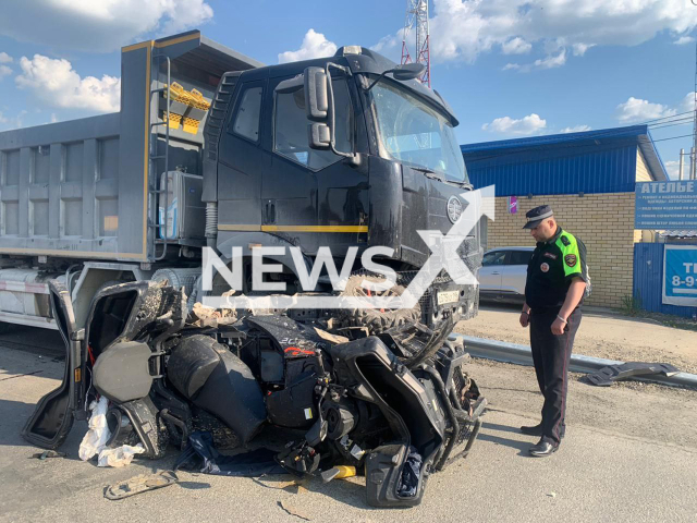 The photo shows a destroyed Blade all-terrain vehicle after a collision with a truck at the ring road in the village of Kosulino, Sverdlovsk region, Russia on Saturday, May 31, 2025.
Note: Police photo.
(Clipzilla/NX)