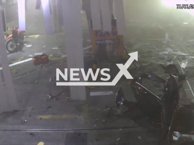 This image is a screen grab of the video supplied titled NewsX-DriverGes-01.mp4: A car explodes at a gas station in Lapa, Rio de Janeiro, Brazil, on Jun.07, 2025. One person died.(Clipzilla/NX)