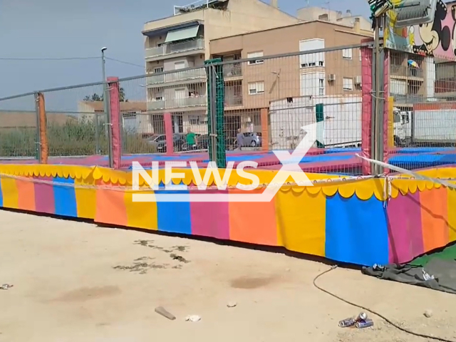 Picture shows the trampoline where the incident happened, undated. A two-year-old died after suffering an electric shock while playing in Alquerías, Murcia, Spain on Jun 15, 2025. Note: Image is a screenshot from video. (Newsflash/NX)