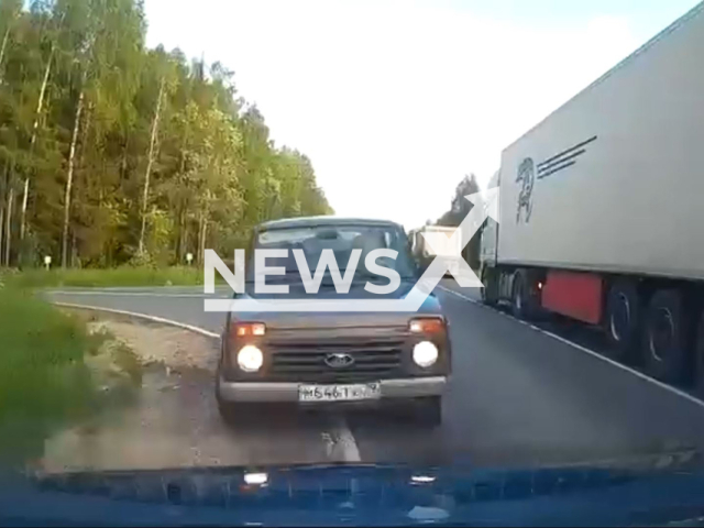 This image is a screen grab of the video supplied titled NewsX-OvertakingCollision-01.mp4: Footage shows Renault Logan overtaking in the area of ​​a solid marking line and colliding with a Lada, which was driving to the right from the adjacent road near Plesetsk, Arkhangelsk Oblast, Russia on Friday, June 20, 2025.(Clipzilla/NX)