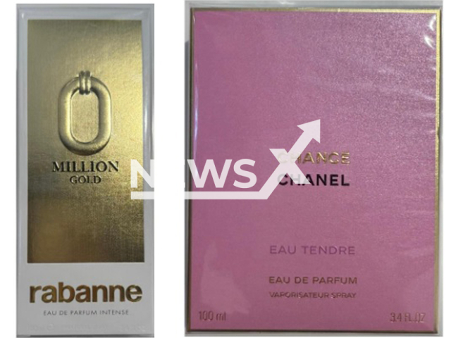 Picture shows the recovered items, undated. 1 bottle of CHANEL CHANCE (eau tendre) and 1 bottle of Rabanne Million Gold. Note: Police photo. (SPF/Newsflash/NX)