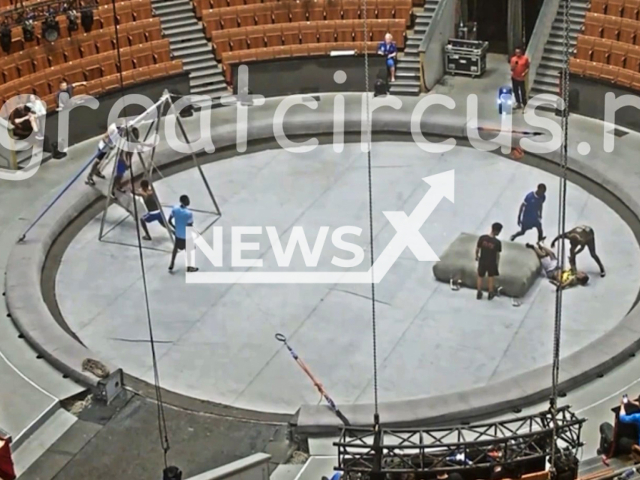 This image is a screen grab of the video supplied titled NewsX-AcrobatCircus-01.mp4: An Ethiopian acrobat falls in the arena of the Great Moscow Circus, Russia on Sunday, July 13, 2025. (Clipzilla/NX)
