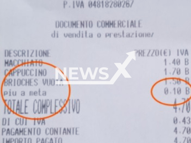 Picture shows the receipt, undated. A bakery charged a customer for cutting the croissant in half. Note: Private photo. (Newsflash/NX)