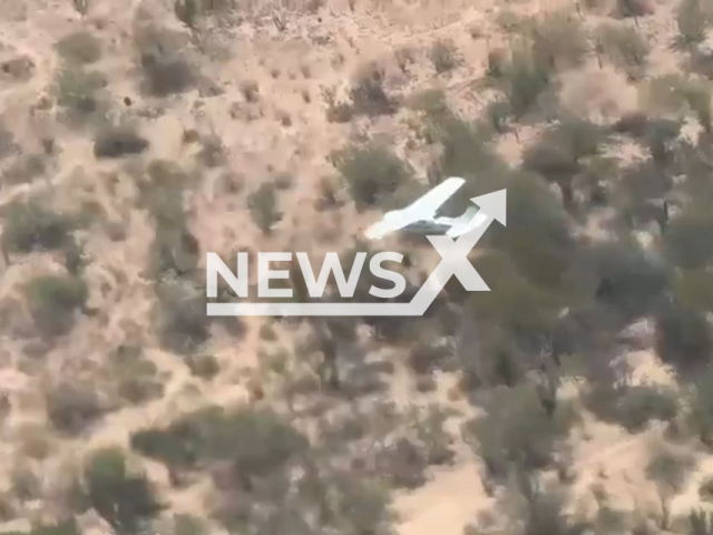 This image is a screen grab of the video supplied titled NewsX-SmugPlen-01.mp4: Footage shows members of the Mexican Navy force landing drugs plane a Cessna-type aircraft loaded with packages of suspected methamphetamine in the municipality of Cajeme, Sonora, Mexico on Saturday, Aug 2, 2025.(Clipzilla/NX)