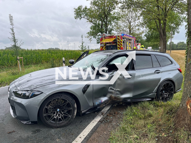 Picture shows the crashed BMW car between Dulmen and Coesfeld, Germany, Aug. 2, 2025. It was a test drive. Note: Police photo. (Coesfeld Police/Newsflash/NX)