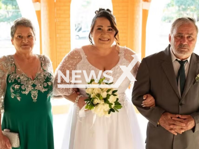 Picture shows: from left to right: Marli, her daughter Bianca and her husband Devanir on their wedding day, Aug. 2, 2025. She died on her daughter's wedding in Ivaipora, Brazil. Note: Private photo. (Newsflash/NX)