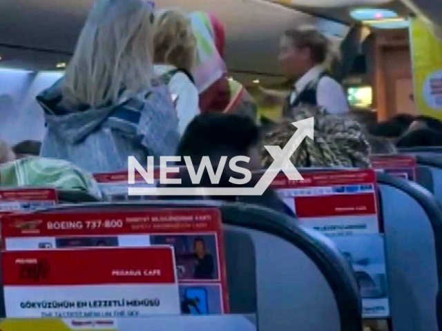 Flight attendant warns standing passengers to take their seats on a Pegasus Airlines flight from Sofia to Istanbul, Turkey, July 31, 2025. Police implemented an illegal passenger procedure against the passengers who ignored the flight attendant's warnings and caused a disturbance. Note: Photo is a screenshot from a video(Newsflash/NX)