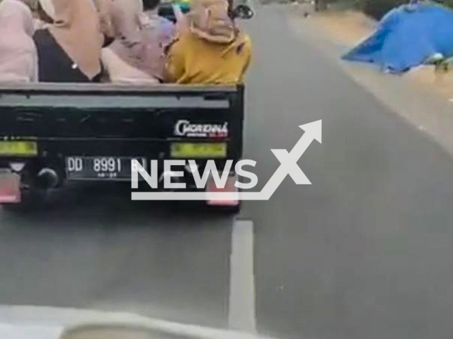 Pickup truck carrying 11 people overturns in Malakaji, Gowa in Indonesia, Aug. 3, 2025. The car was mostly with women, including one small child. Note: Photo is a screenshot from a video(Newsflash/NX)