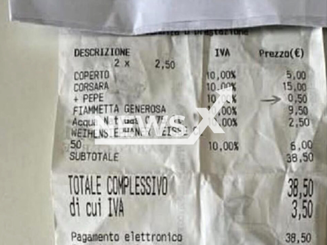 Picture shows the bill, undated. A customer was charged for adding pepper to the pizza in Bari, Italy. Note: Private photo. (Newsflash/NX)