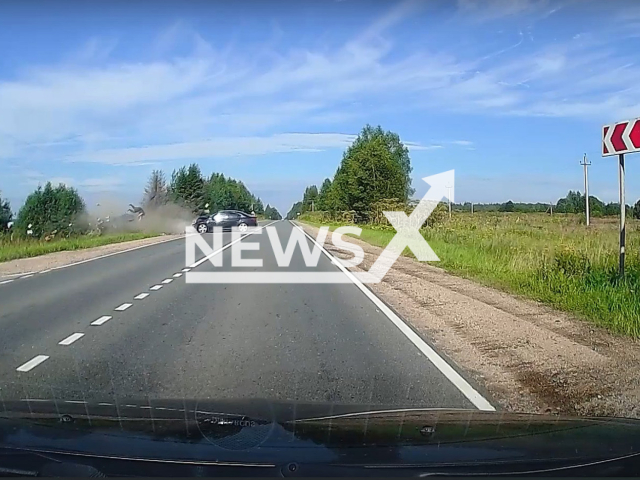 Photo shows a man being thrown out of a car after a collision on the Torzhok–Ostashkov highway in Russia on Wednesday, Aug 6, 2025.
Photo is a screenshot from a video.
(Clipzilla/NX)