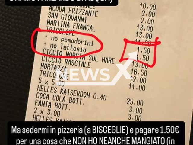 Picture shows the receipt for the pizza, undated. Swimmer Elena Di Liddo said she was charged for removing ingredients from the pizza in Bisceglie, Italy. Note: Private photo. (@elledili93/Newsflash/NX)