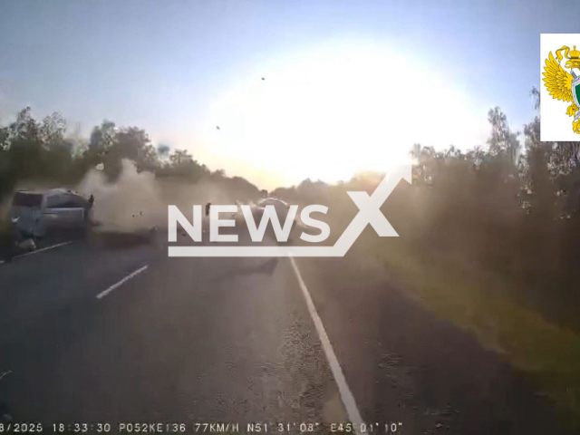 This image is a screen grab of the video supplied titled NewsX-FatalKilled-01.mp4: Dashcam shows a driver of a Peugeot 308 driving into the oncoming lane and colliding with a Toyota near the entrance to the village of Lipovka, Saratov Oblast, Russia on Friday, Aug 8, 2025.(Clipzilla/NX)