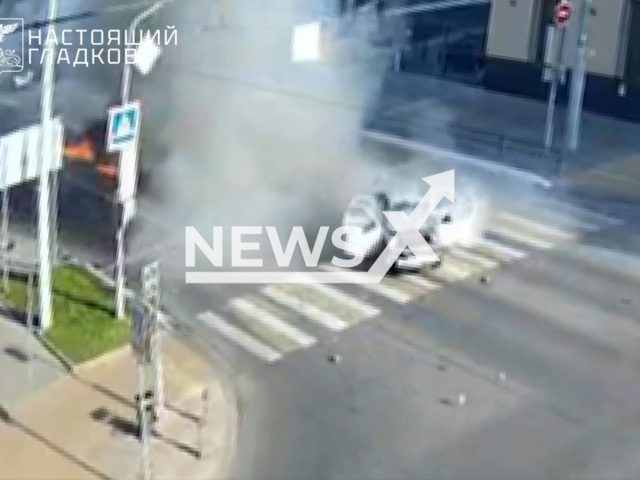 This image is a screen grab of the video supplied titled NewsX-DroneCar-01.mp4: Footage shows a drone striking civilian car in Belgorod, Russia on Thursday, Aug 14, 2025.(Clipzilla/NX)