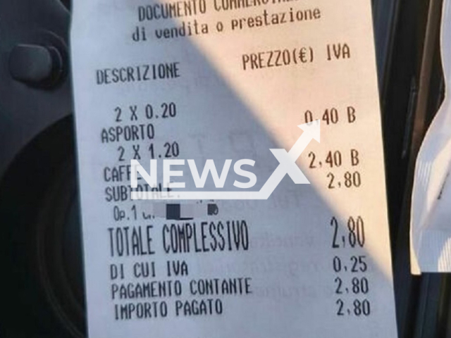 Picture shows the receipt, undated. A customer reported they were charged for takeaway coffee in Salento, Italy. Note: Private photo. (Newsflash/NX)