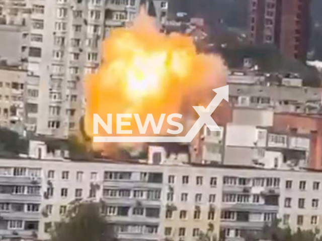 This image is a screen grab of the video supplied titled NewsX-UAVHit-01.mp4: Footage shows a huge Ukrainian drone hitting a residential building in Rostov-on-Don, Russia on Thursday, Aug 14, 2025.(Clipzilla/NX)