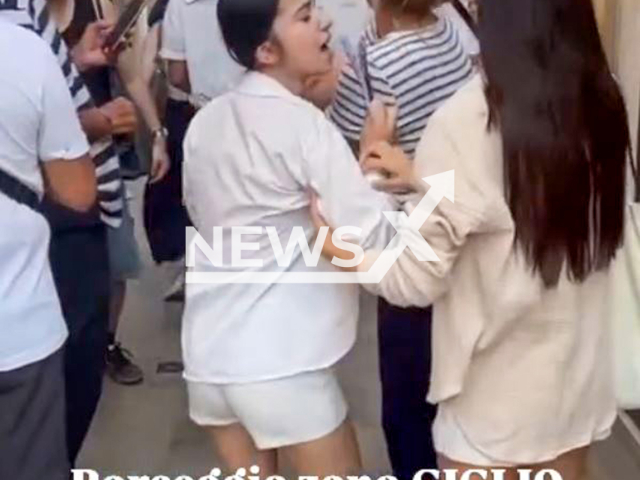 Tourist grabs thief's hair after realizing that the young girl had just stolen her wallet and passport in Venice, Italy, undated. As soon as the officers approached, the pickpocket grabbed her cell phone and used it as a weapon, repeatedly striking the tourist's head as they held her down. Note: Photo is a screenshot from a video(Newsflash/NX)