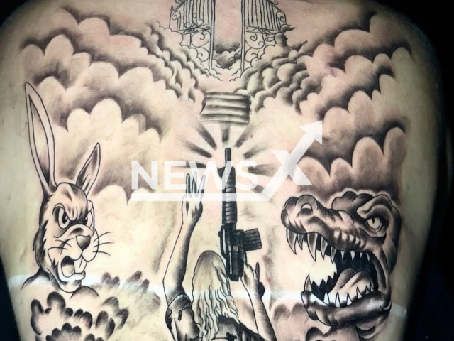 Picture shows Diaba Loira's tattoed back, undated. She was found shot dead in Cascadura, Rio de Janeiro, Brazil, on Aug.14, 2025. Note: Private photo taken from social media.(Newsflash/NX)