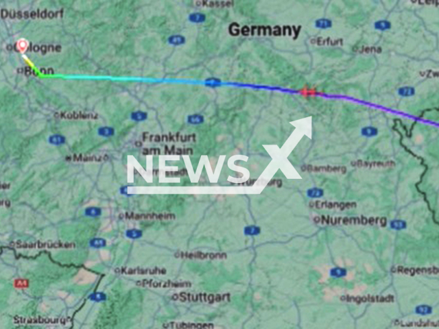 Picture shows the aircraft diverting to Cologne Airport, Germany, Aug. 15, 2025. The co-pilot of an Easyjet Airbus A320 aircraft, which took off from Istanbul Airport to Manchester, England, became ill over the Czech Republic. Note: Image is a screenshot from video. (Newsflash/NX)