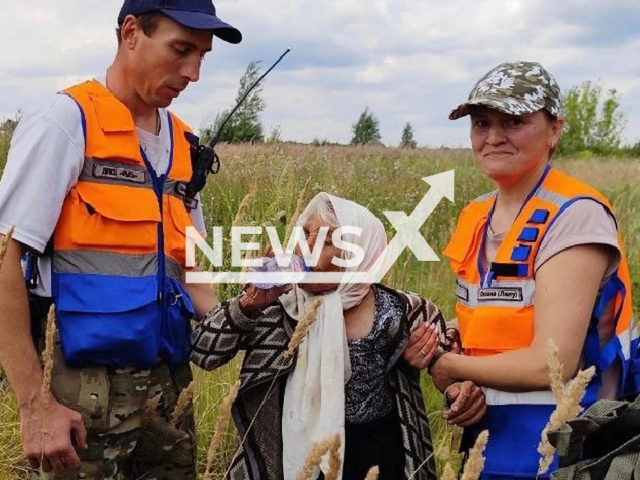 Volunteers rescue 110-year-old grandmother in Nizhny Novgorod region in Russia, undated. She went missing on Aug. 14, 2025. Note: Photo from volunteers. (PSC Rys/Newsflash/NX)