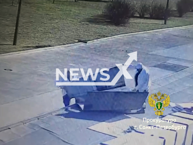 This image is a screen grab of the video supplied titled NewsX-RoofWork-01.mp4: A worker falls from a height of over 4.5 metres in Krasnogvardeisky, Russia, on Apr.16, 2025.(@procspb/Clipzilla/NX)