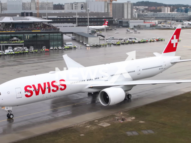 Illustrative photo shows a Swiss plane, undated. A 15-year-old girl was sexually assaulted by a 44-year-old Indian businessman on a Swiss flight from Mumbai to Zurich in March, 2025. Note: Image is a screenshot from video. (Newsflash/NX)