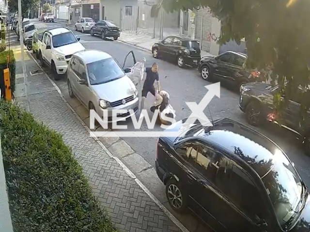 This image is a screen grab of the video supplied titled NewsX-CouplesBrew-01.mp4: Two couples brawl over a parking spot in Carrao, Sao Paulo, Brazil, on Aug.17,2025.(Clipzilla/NX)