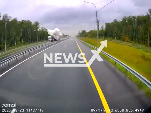 This image is a screen grab of the video supplied titled NewsX-TankerBlast-01.mp4: Footage shows a gas tanker explodes after crashing into the car carrier, which was in the right lane, at full speed on the M-12 highway in the Nizhny Novgorod region, Russia on Saturday, Aug 23, 2025.(Clipzilla/NX)