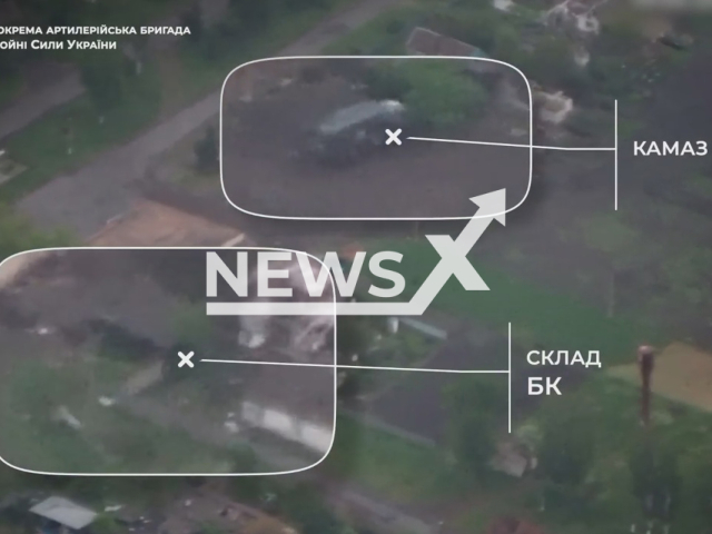 Ukrainian 45 Separate Artillery Brigade bombed a Russian ammunition depot in May 2022. Note: Picture is a screenshot from a video (@45oabr/Newsflash)