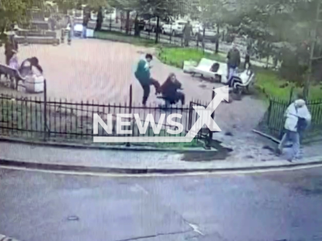This image is a screen grab of the video supplied titled NewsX-SquareAttack-01.mp4: Footage shows 18-year-old suddenly stabbing and kicking two young men sitting on a bench at Pushkin Square, Saint Petersburg, Russia on Aug 26, 2025.(Clipzilla/NX)