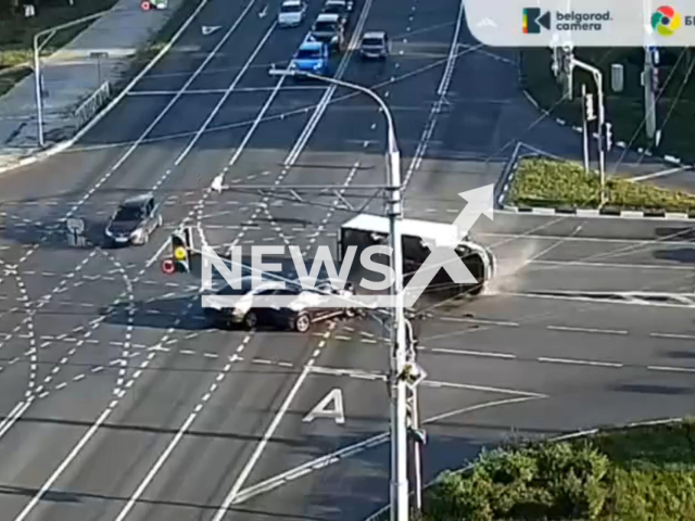 This image is a screen grab of the video supplied titled NewsX-RedDoubleHit-01.mp4: Footages shows driver of the Gazelle, ignoring the red light, being hit in the side by two cars and overturned in Belgorod, Russia on Monday, Sep. 1, 2025.(Clipzilla/NX)